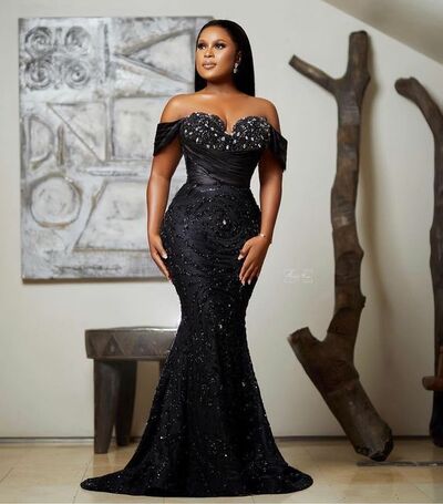 Black Mermaid Sequins Lace Beading Crystal African Prom Dress Evening Gowns