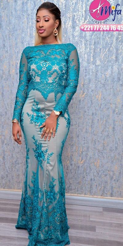Blue Mermaid Lace Long Sleeve African Prom Dress Evening Gowns