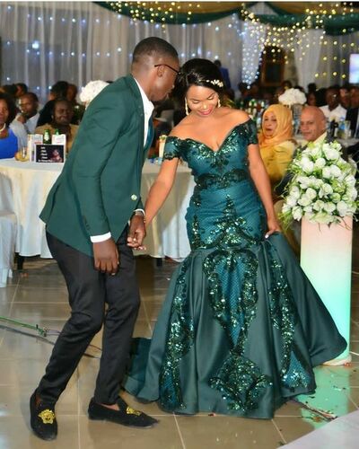 Emerald Green Mermaid Sequins Lace African Prom Dress Evening Gowns