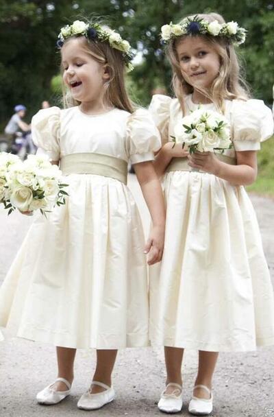 Cute Tea Length Round Neck Satin Flower Girl Dresses