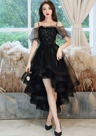 A Line black tulle lace high low prom dress