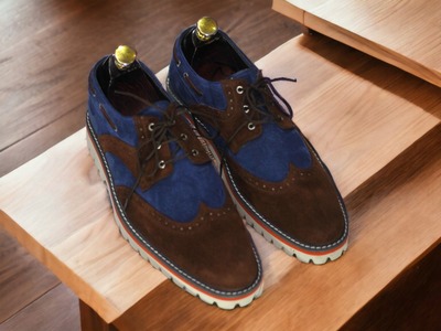 Handmade Blue & Dark Brown Suede Lace Up Rubber Sole, Dress Shoes