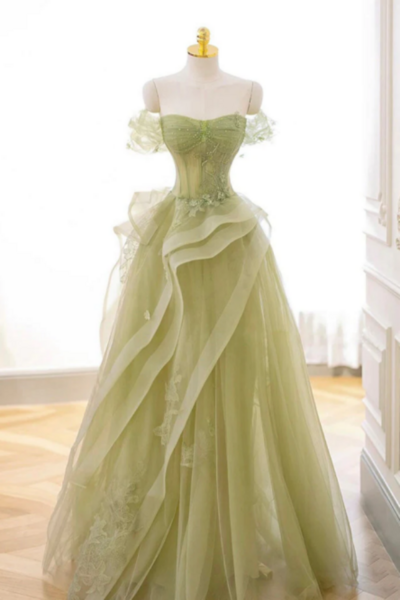 A Line Off Shoulder Tulle Lace Green Long Prom Dress, Green Lace Long Formal Dress KPP1588