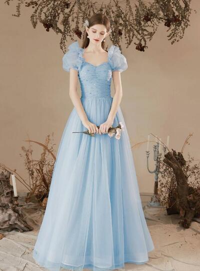 A-line Sweetheart Neck Tulle Long Blue Prom Dresses
