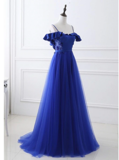 unique,prom DressBlue Evening Dress Elegant Party Dress With Appliques,custom Made