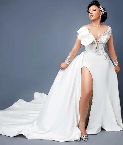 Plus Size Arabic Aso Ebi Mermaid Lace Crystals Wedding Gowns Sheer Neck High Split Detachable Train Bridal Dresses