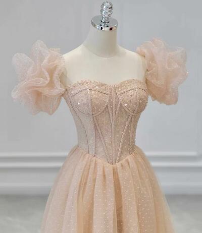 Pink Tulle Sequins Long Prom Dress Evening Dress