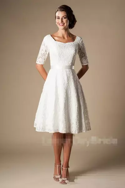 Short Wedding Dresses with Sleeves Modest Vintage 1920s' Lace Knee-length Outdoor Reception Informal Bridal Wedding Dress
