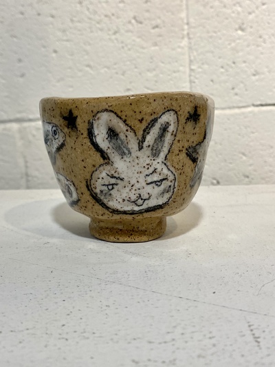 🔴 SOLD Hand Painted Pottery "Bunny and Fish Tea Cup 2" by Inika Agarwal