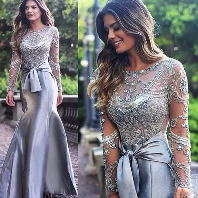 Gorgeous Silver Mermaid Mother of the Bride Dresses Long Sleeves Beading Jewel Neck Wedding Guest Gowns Bow Belt