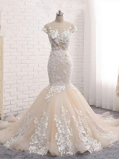 Elegant Mermaid Backless Appliques Tulle Formal Prom Dress,