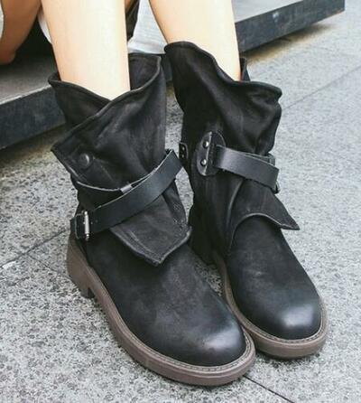 Round toe ankle strap low square heel boots for women