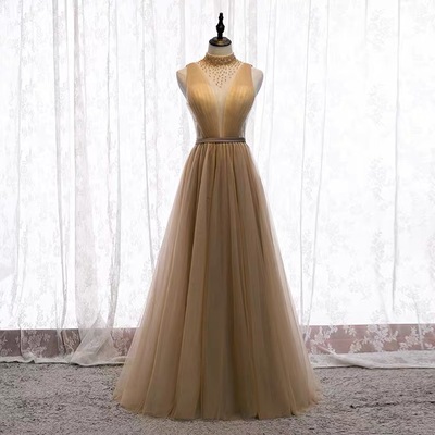 High Neck Evening Dress, Class Long V-neck Dress, Birthday Party Dress