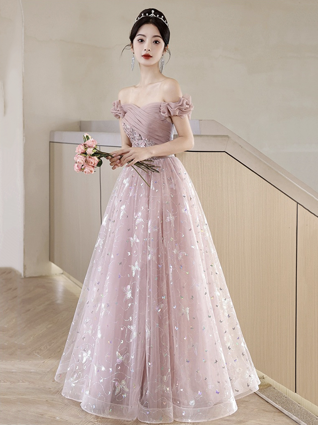 Pink Tulle Lace Long Prom Dress, Off the Shoulder Evening Party Dress