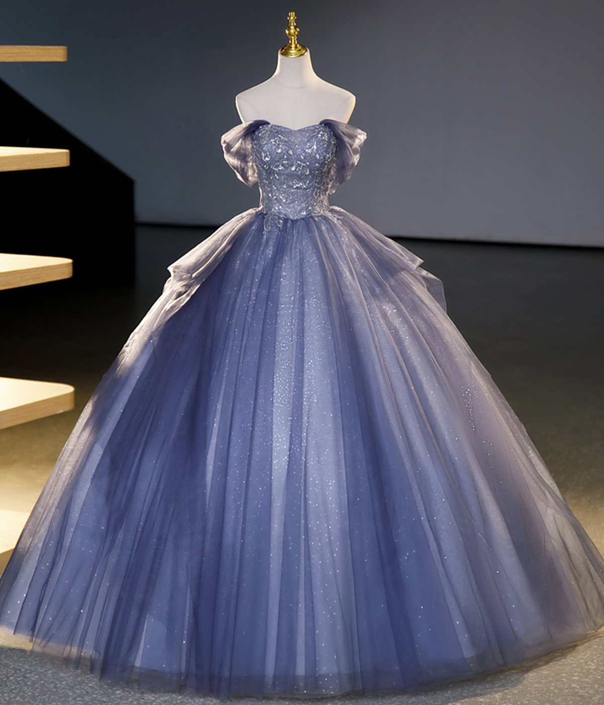 Blue Tulle Beaded Long Ball gown