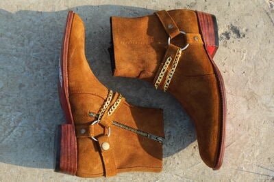 Cuban Heel Chain Buckle Side Zipper Jodhpur Suede Boot in Brown Leather