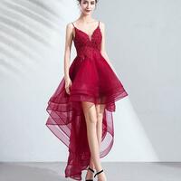 Burgundy Tulle Lace High Low Prom Dress Lace Homecoming Dress - Thumbnail 1