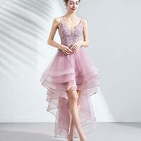 Burgundy Tulle Lace High Low Prom Dress Lace Homecoming Dress - Thumbnail 2