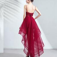 Burgundy Tulle Lace High Low Prom Dress Lace Homecoming Dress - Thumbnail 3