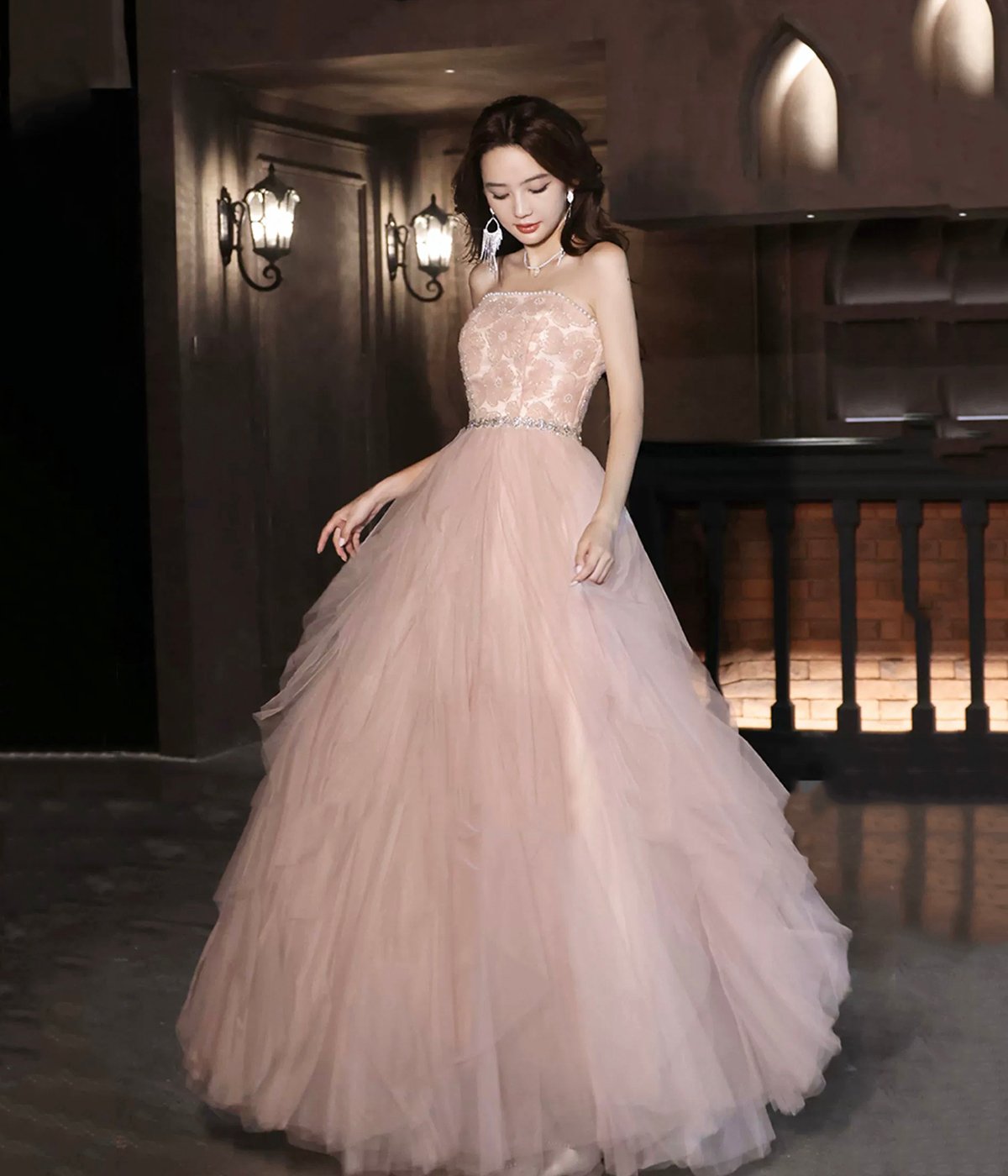 Pink Strapless Tulle Long Ball Gown with Flowers
