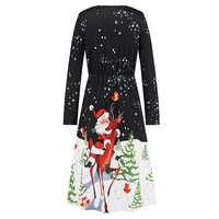 Christmas Dress, Printed Dress, Long Sleeves Dress,Black Dresses,Santa Claus - Thumbnail 6