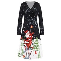 Christmas Dress, Printed Dress, Long Sleeves Dress,Black Dresses,Santa Claus - Thumbnail 5