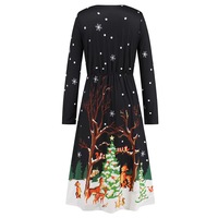 Christmas Dress, Printed Dress, Long Sleeves Dress,Black Dresses,Reindeer - Thumbnail 6