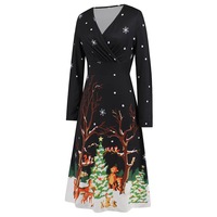 Christmas Dress, Printed Dress, Long Sleeves Dress,Black Dresses,Reindeer - Thumbnail 4