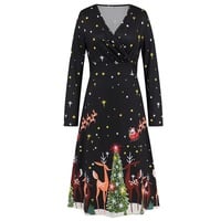 Christmas Dress, Printed Dress, Long Sleeves Dress,Black Dresses,Christmas tree - Thumbnail 4