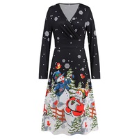Christmas Dress, Printed Dress, Long Sleeves Dress,Black Dresses,Snowman - Thumbnail 4