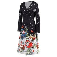 Christmas Dress, Printed Dress, Long Sleeves Dress,Black Dresses,Snowman - Thumbnail 5