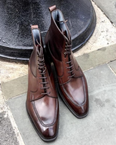 Handmade Men Oak Calf and Hatchgrain Wensum sole Ankle High Dress Lace up Boot