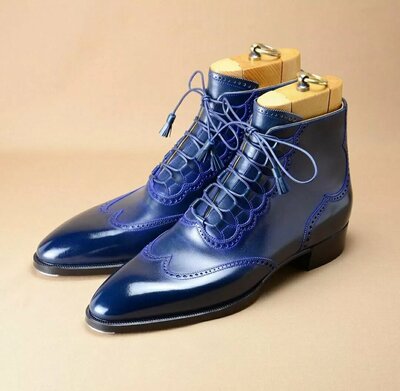Men Handmade Blue Wingtip Ankle High Lace up Boot