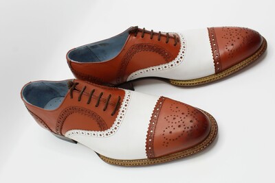 Crafted Leather Handmade Men Double Norwegian Welted Tan and White Lace up Dress Oxford Shoes