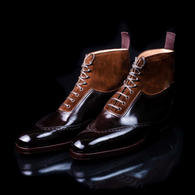 Handmade Mens Two-Tone Suede and Leather Balmoral Ankle High Boots