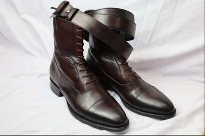 Dark Brown Classic Handmade Ankle High Lace up Boot With Matching Belt