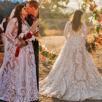 Plus Size Wedding Dresses Bridal Gown Lace with Full Sleeves