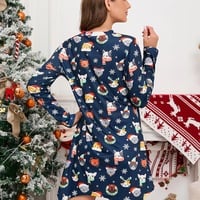 Christmas Printed Dress, Short Dress, Long Sleeves Dress, Navy Animal - Thumbnail 4