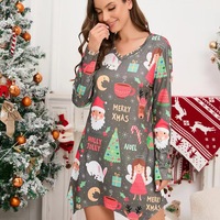 Christmas Printed Dress, Short Dress, Long Sleeves Dress,Grey  - Thumbnail 2