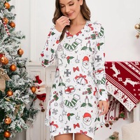Christmas Printed Dress, Short Dress, Long Sleeves Dress,White - Thumbnail 1