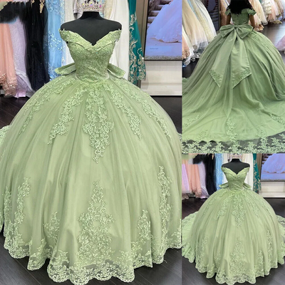 Off shoulder sage green quinceanera dresses lace xv gown - Thumbnail 1
