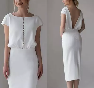 Simple Wedding Dress Tea Length Short Sleeve Satin Jewel Neck Bride Party Gowns Bridal Shower Robe De Mariage Boho