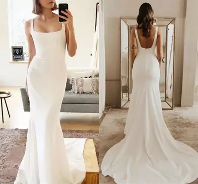 Spaghetti Strap Boho Wedding Dress Mermaid Stain Long Train Bride Gowns Backless