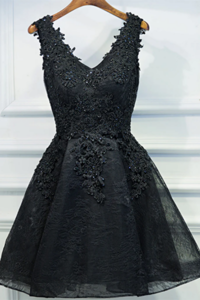 A Line V Neck Short Black Lace Prom Dresses, Black Short Formal Dresses KPP1597