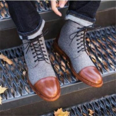 Custom Handmade Men Brown Leather and Tweed Lace Ankle High Boot