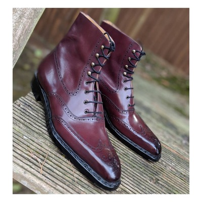 Handmade Burgundy Color Ankle High Lace up Wingtip Boot