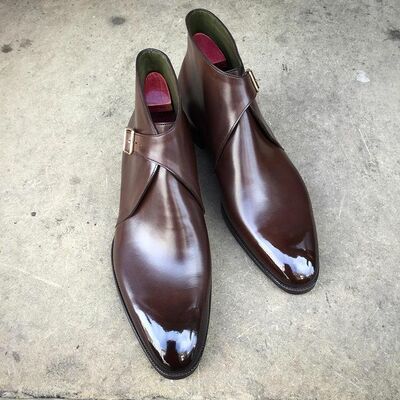 Men's Handmade Brown Calf Leather Ankle High Monk Boots, Men's Vintage Leather Dress Formal Boots