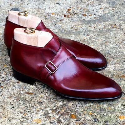 Handmade Men's Vintage Cherry Red Calf Leather Buckle Ankle High Monk Strap Boot