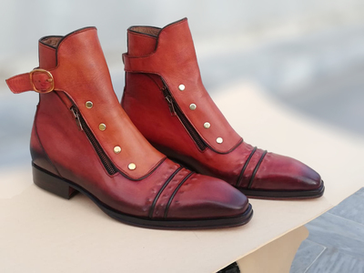 Handmade Men Brown Leather Buckle Strap With Side Zipper and Button Ankle High Boot