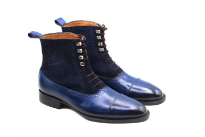 Handcrafted Classic Blue Leather and Suede Ankle High Lace up Men Boot